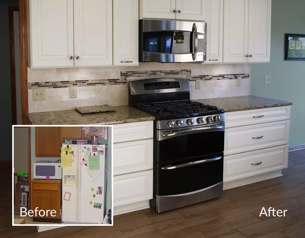 Kitchen transformation with microwave mounted above stove