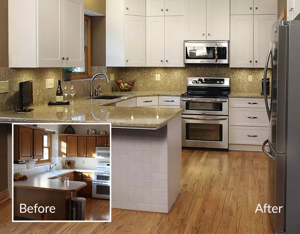 Contemporary kitchen with white cabinets and neutral countertop and backsplash