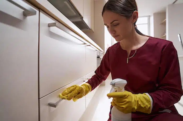 woman cleaning refaced kitchen cabinets with common dish soap